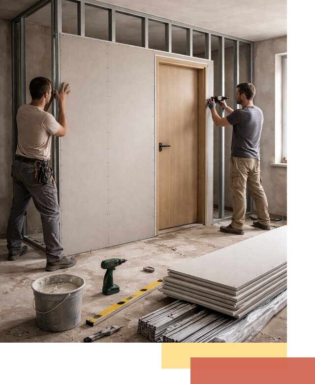 Перегородка из гипсокартона с дверью под ключ в Димитровграде