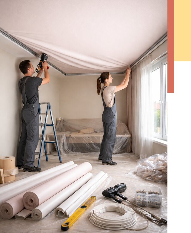 Монтаж цветного натяжного потолка в Димитровграде от 4327 руб/м² — быстро и недорого | ОТДЕЛОЧНИК-Дмт