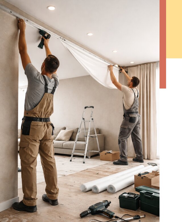 Монтаж натяжного потолка в гостиной в Димитровграде от 567 руб. | ОТДЕЛОЧНИК-Дмт