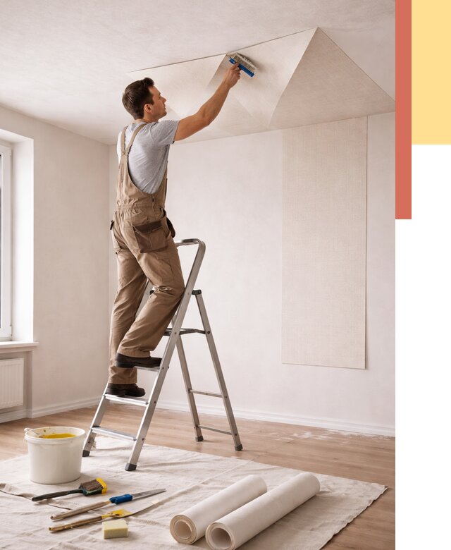 Поклейка обоев на потолок в Димитровграде от 4636 руб. быстро и недорого | ОТДЕЛОЧНИК-Дмт